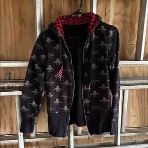 Abbey Dawn Black and Red Skull Zip-Up Sweater